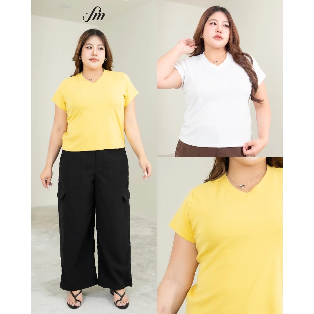 FAMOUS V BABY TEE คอวีสีพื้น #FMBL-G2T053