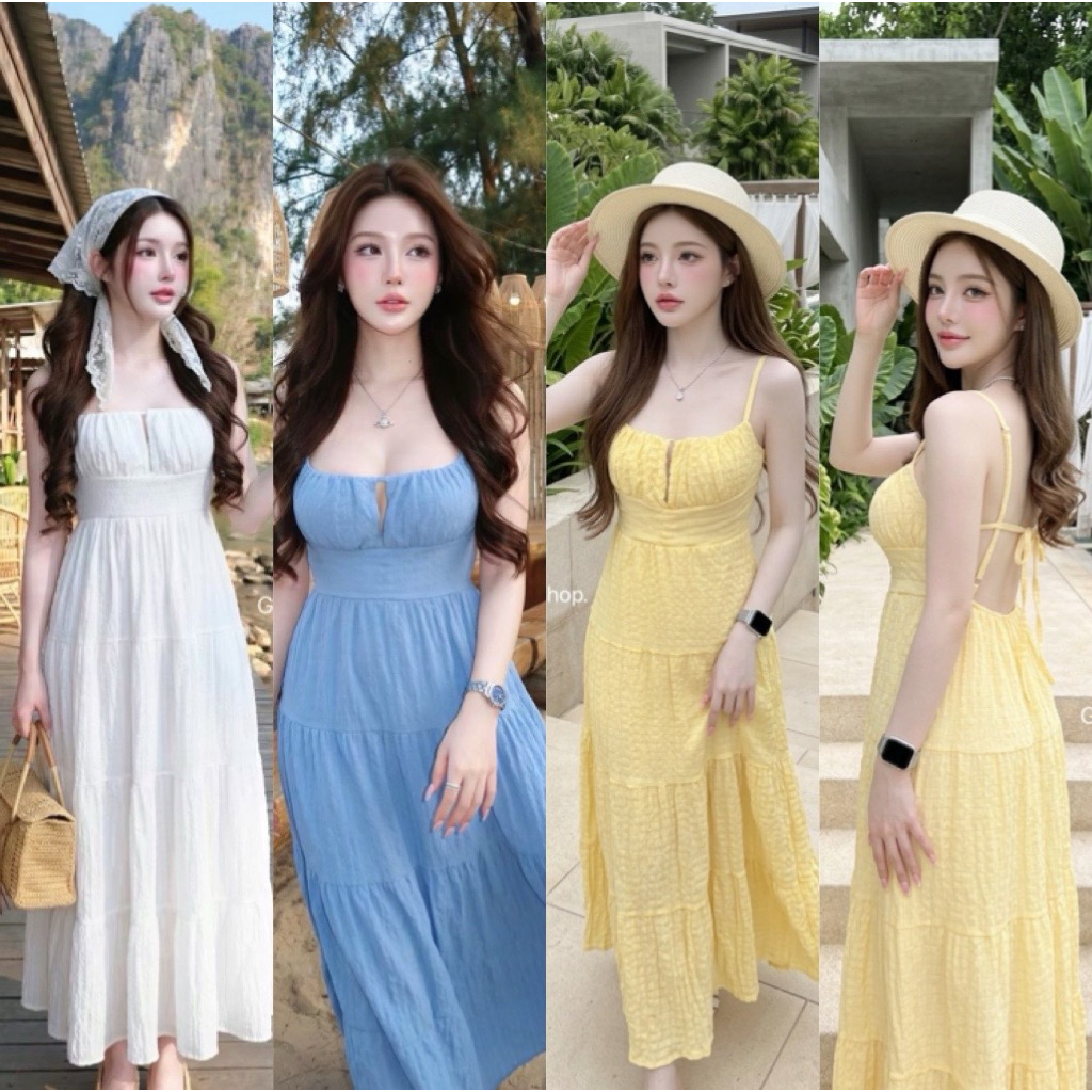 แม้กซี่เดรส เดรสยาวใส่สบาย พริ้วไหว ผ้าจะมีลายย่นเท็กซ์เจอร์เล็กๆใส่แล้วดูมีมิติ หวานแต่แซ่บ! ชุดไปทะเล คาเฟ่ เดรสสวย