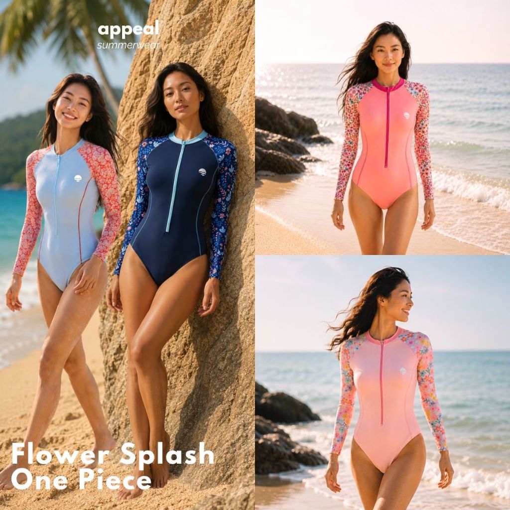 APPEAL Flowery One Piece ชุดว่ายน้ำหญิงสีพื้นแขนลายมีดีเทล แขนยาววันพีซ UPF50+ มีไซส์ P083