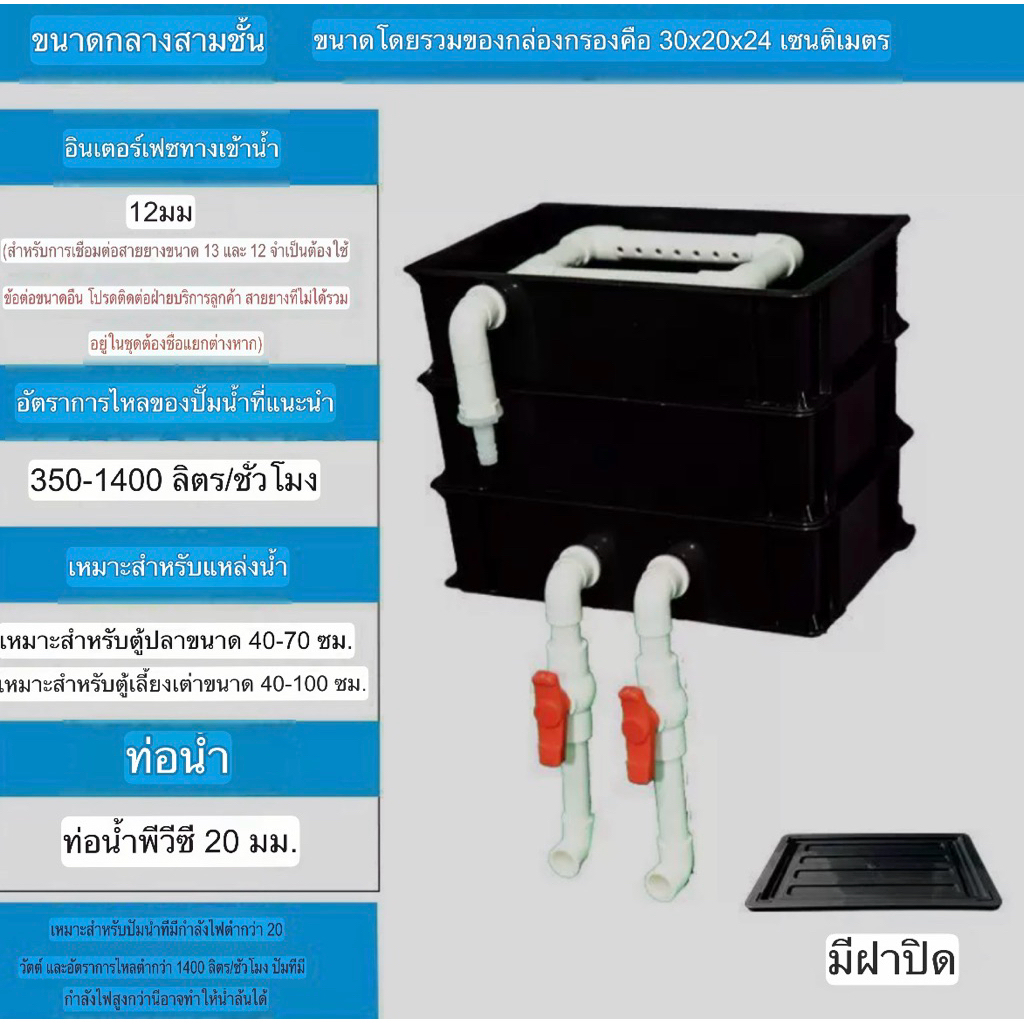 กรองคอนโด3ชั้นสีดำขาว ขนาด30x20x24 บำบัดน้ำใส กรองตู้ปลา ปั้มน้ำตู้ปลา อ่างปลา อ่างปลาบอลลูน อ่างปลาหางนกยูง อ่างเปล