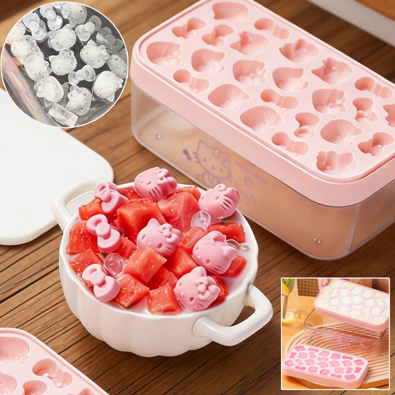 แม่พิมพ์ทำน้ำแข็งซิลิโคนลายHello Kitty พร้อมฝาปิดและถังเก็บน้ำ ปลอดภัยอาหาร ถอดก้อนน้ำแข็งง่าย