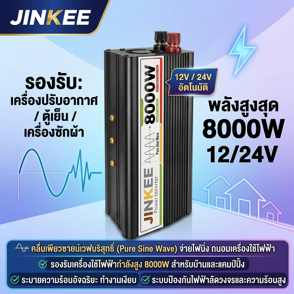TOP2 JINKEE อินเวอร์เตอร์ อินเวอร์เตอร์โซลาร์เซลล์ 5000W อินเวอร์เตอร์ไฟ แปลงไฟ12v เป็น 220v 24V 12V TO 220V 8000W