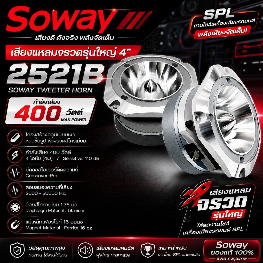 แหลมจรวดโครเมียม SOWAY 2521B 4 นิ้ว 400W แม่เหล็กใหญ่ 16oz เสียงแรงสะใจ ใส่งานโชว์เต็มระบบ