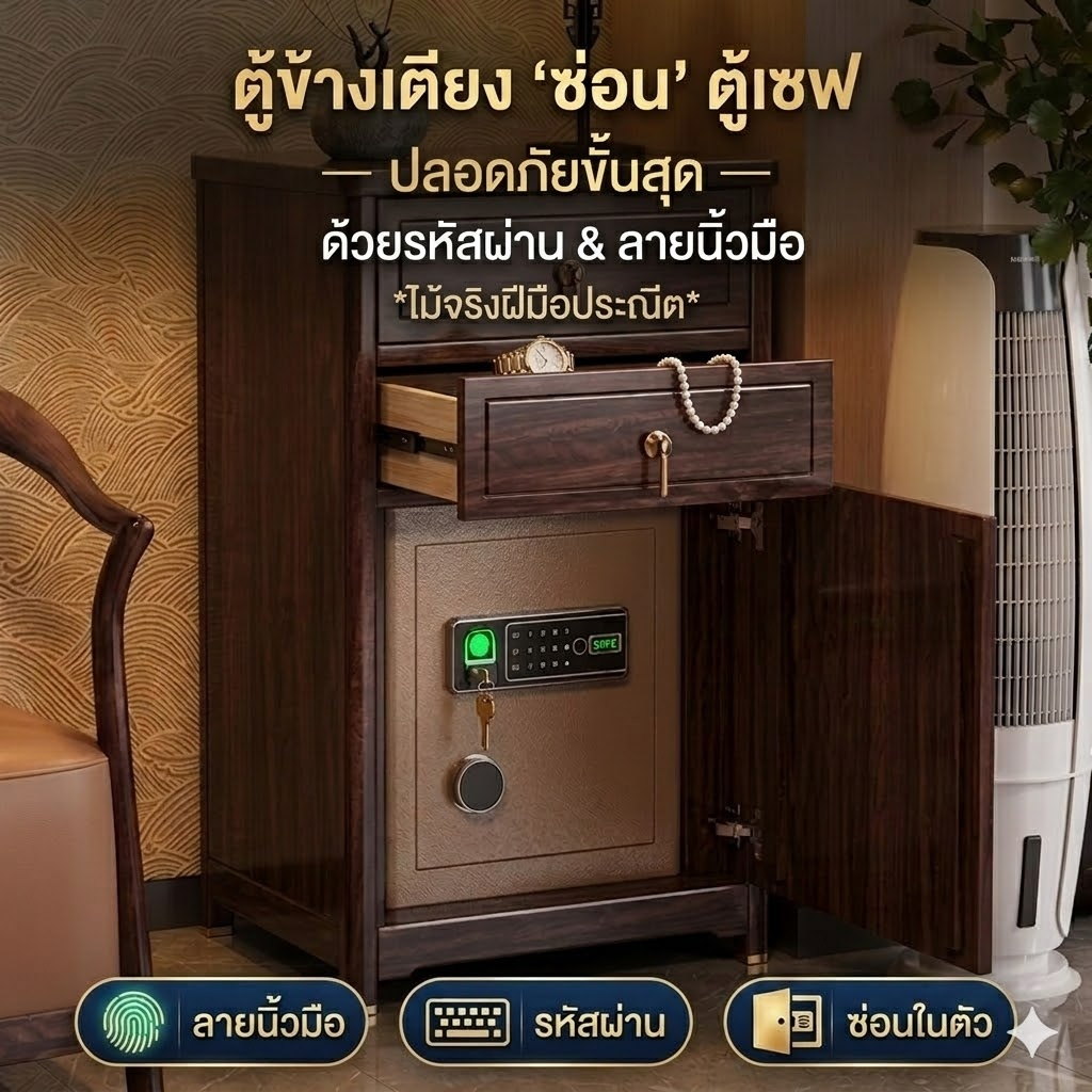 【NEW】 ตู้ข้างเตียงพร้อมตู้เซฟในตัว ตู้ข้างเตียงไม้เนื้อแข็ง ตู้เซฟซ่อนในตัว ตู้เซฟพร้อมรหัสผ่านลายน
