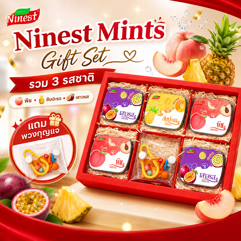 Ninest Mints ลูกอมดับมิ้นรสผล พีช สับปะรด เสาวรส น้ำตาล 0% เย็นสดชื่น กล่องของขวัญขนม ให้ของขวัญ