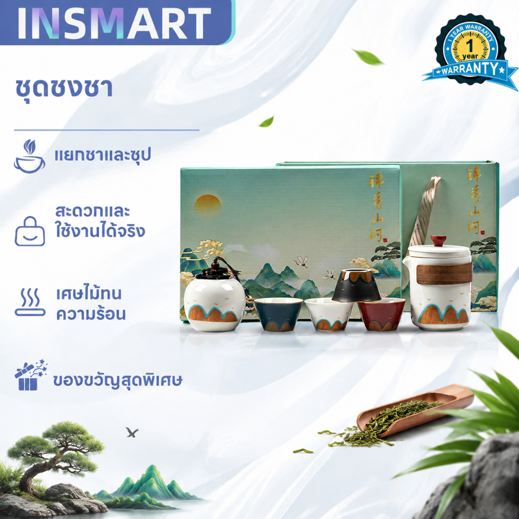 INSMART ชุดกาน้ำชา ชุดรับไหว้ ชุดของขวัญ กาชงชา ที่ชงชา แก้วชา ที่ชงชาตรามือ