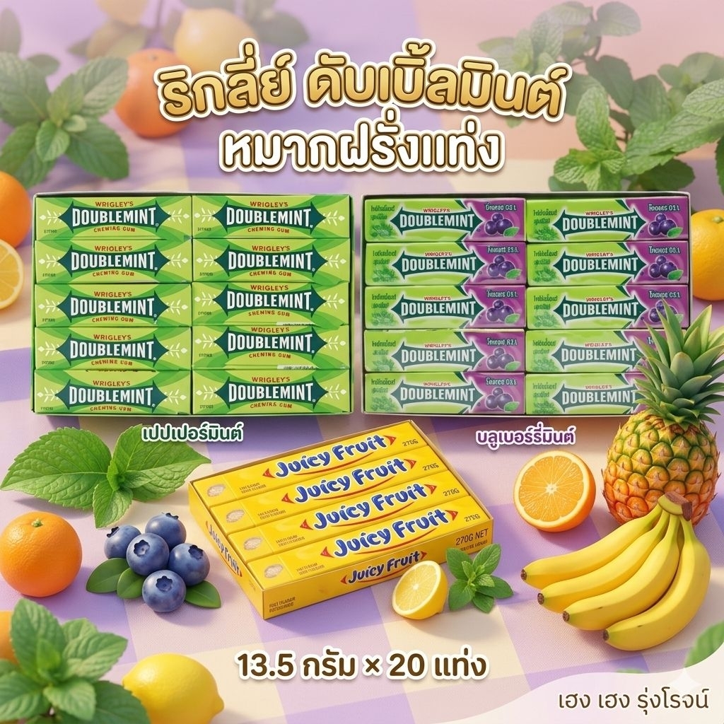 [แพ็ค20แท่ง] DOUBLEMINT ริกลี่ย์ ดับเบิ้ลมินต์ หมากฝรั่งแบบแท่ง กลิ่นเปปเปอร์มินต์ กลิ่นบลูเบอร์รี่มินต์ 13.5g
