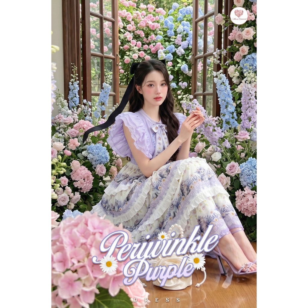 (มี3XL) สีม่วง Periwinkle Purple Dress เดรสยาวผ้าชีฟองกลิตเตอร์พิมพ์ลาย แขนระบายออแกนดี้เนื้อนิ่ม แต่งโบว์หน้า ผ่าหน้า