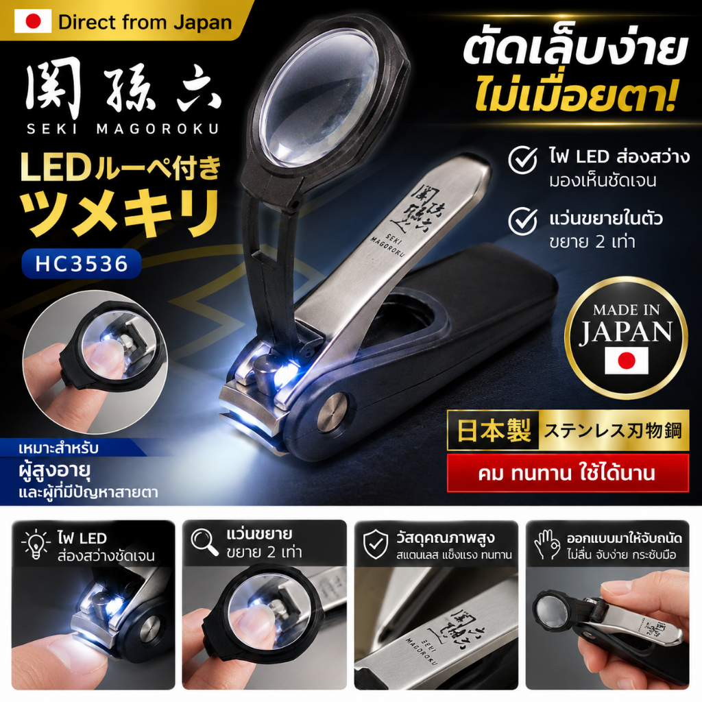 【Direct from Japan】KAI Seki Magoroku LED Nail Clipper HC3536 | กรรไกรตัดเล็บ มีไฟ LED + แว่นขยาย | ญี่ปุ่นแท้ 100%