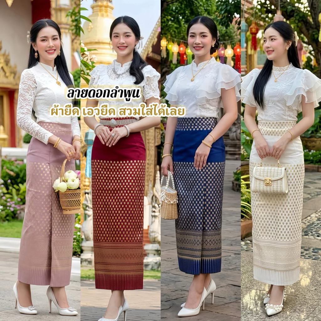 ผ้าถุงสำเร็จรูป ผ้าสกินนี่ ผ้ายืด เอวยืด สวมใส่ได้เลย ไม่มีซิป ไม่มีตะขอ เอวไม่สมอค
