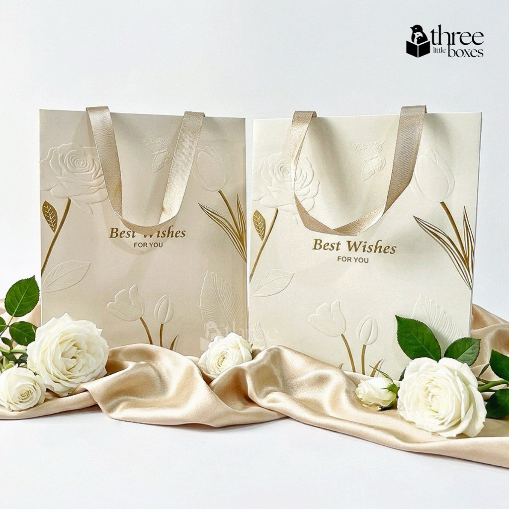 ถุงกระดาษ Best wishes for you ปั้มนูนลายดอกไม้ ฟลอยทอง พรีเมี่ยม หูริบบิ้น ขนาด26x32x12cm. ถุงของขวัญ Gift bag