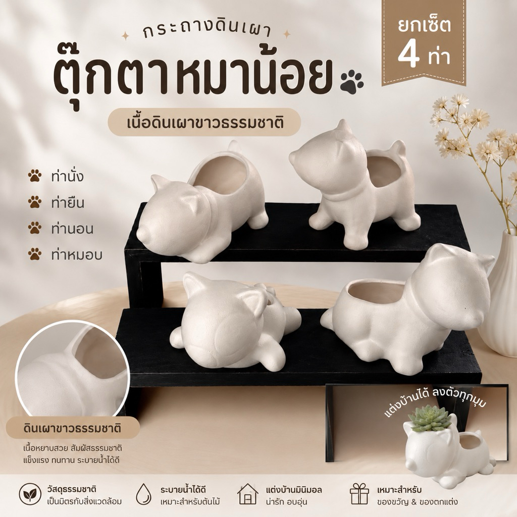 กระถางดินเผาสีขาวนวล รูปทรงหมาน้อย