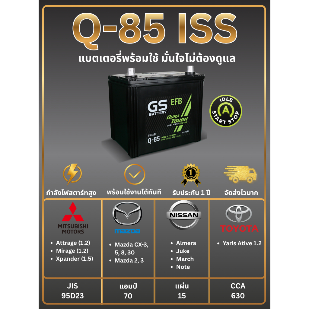 แบตเตอรี่ GS Q-85 ISS 12V 70 แอมป์ พร้อมใช้งานทันที (แบตเตอรี่สำหรับรถยนต์ที่มีระบบ Start-Stop)