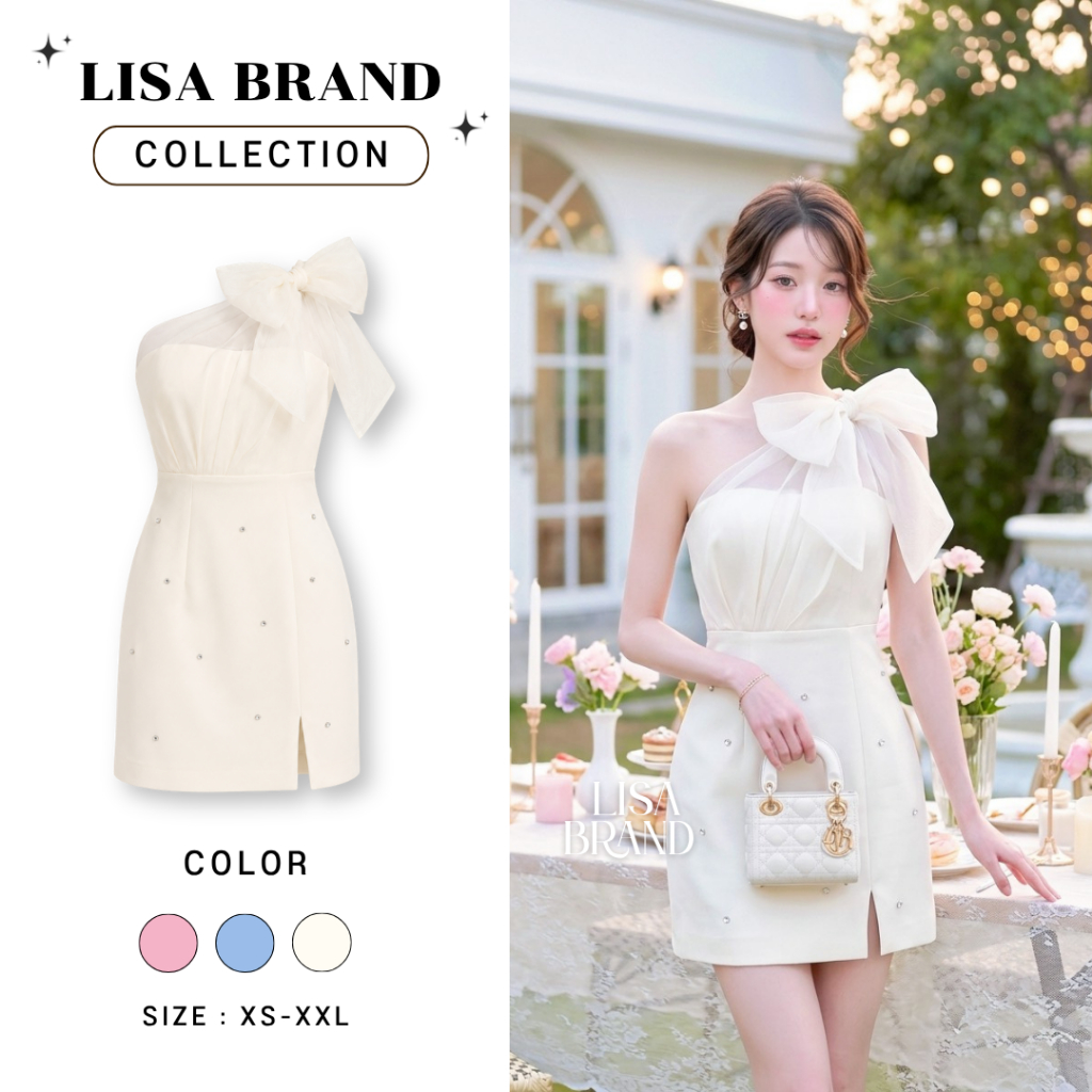 [LISA] A0346 ชุดเดรสกระโปรงเกาะอกผูกโบว์แต่งเพชร เรียบหรูผู้ดี ใส่เที่ยว ออกงาน งานแต่ง งานมงคล