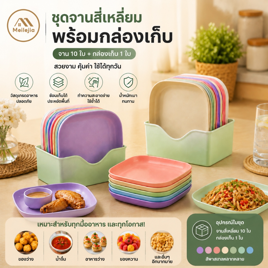 จานสี่เหลี่ยม 10 ชิ้น + ที่วาง จานอาหารสีสันสดใส น้ำหนักเบา ทนทาน ใช้ได้ทุกวัน สำหรับครอบครัว