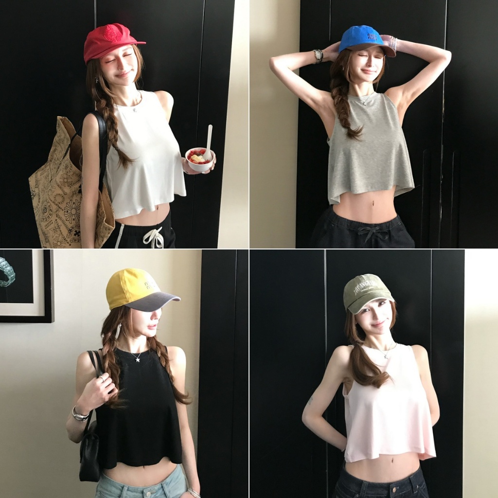 Bella shop เสื้อกล้ามคอกลมสไตล์อเมริกัน เสื้อกล้ามแขนกุดทรงหลวมสำหรับผู้หญิง สไตล์เสื้อครอปเซ็กซี่