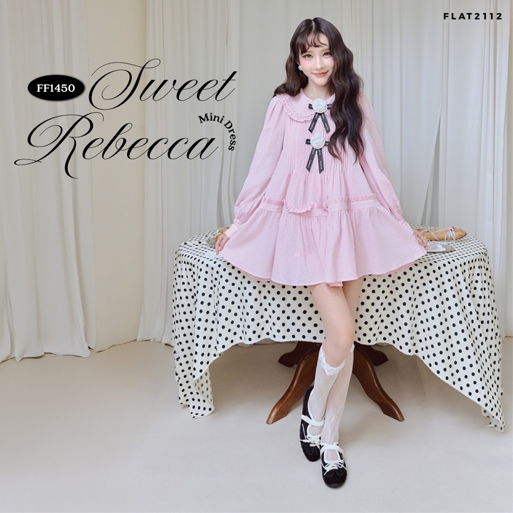 FLAT2112 : SWEET REBECCA MINI DRESS เดรสสั้นลูกคุณหนูสีชมพู เดรสออกเดทน่ารัก เดรสสไตล์เกาหลีพาสเทล เดรสใส่คาเฟ่ (FF1450)