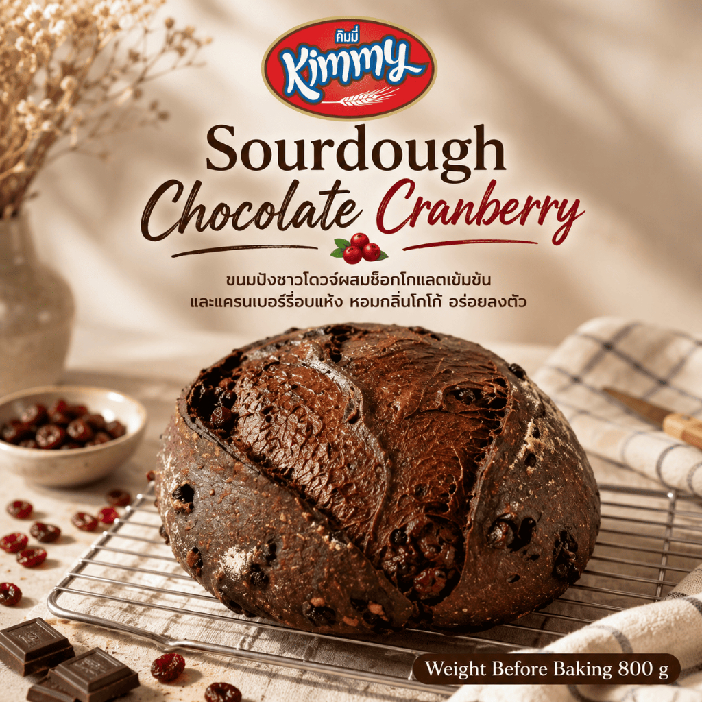 ขนมปังซาวโดวจ์ Chocolate Cranberry สูตรหมักธรรมชาติ เนื้อหนึบ หอมช็อกโกแลต น้ำหนักก่อนอบ 800 กรัม