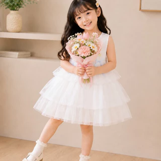 Hania kids พร้อมส่ง ชุดเดรสสีขาวเด็กผู้หญิง เนื้อผ้านุ่ม ใส่สบาย ฟูฟ่องกำลังดี เหมาะทุกโอกาส K5125681