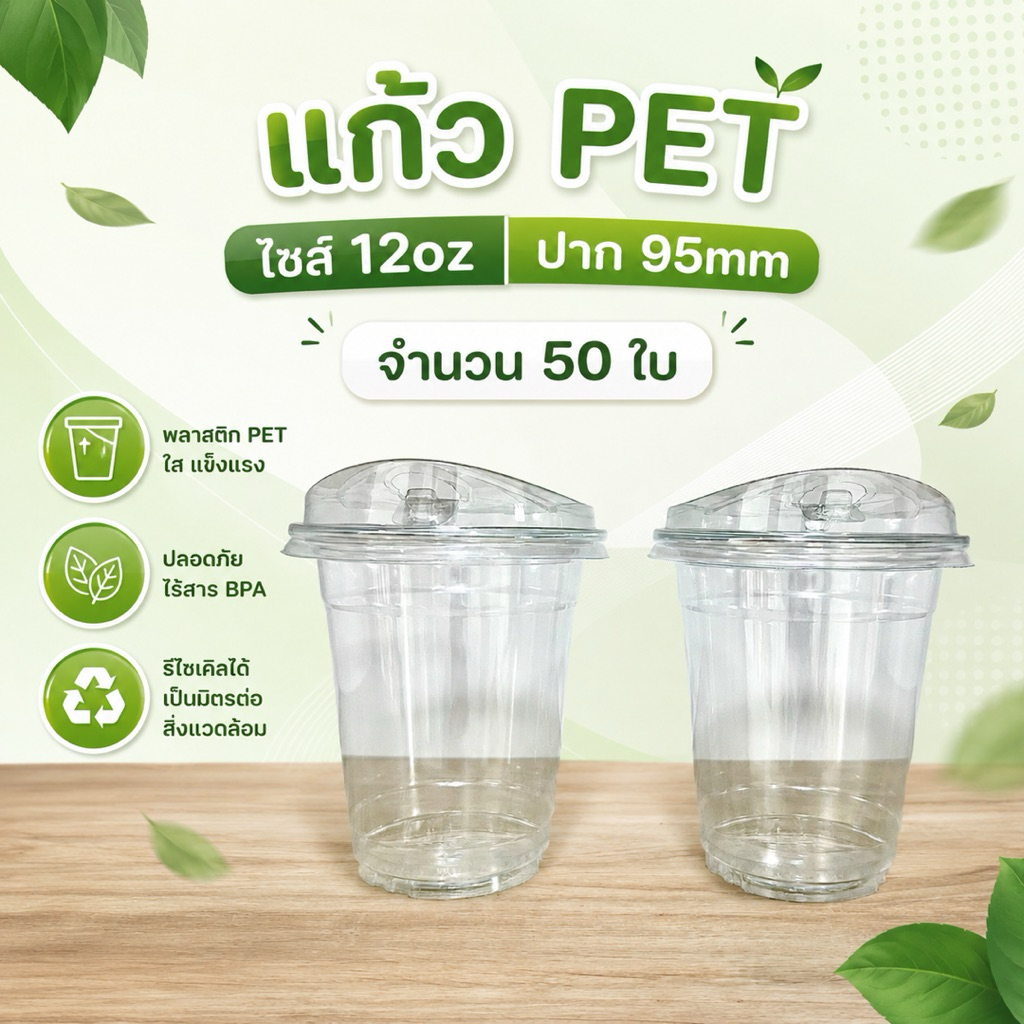 แก้ว PET ปากแก้ว 95mm ขนาด 12oz จำนวน 50 ใบ
