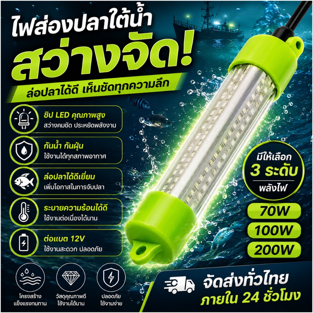 ไฟล่อปลาใต้น้ำอเนกประสงค์ ใช้ได้ทั้งตกหมึก ตกปลากะพง ตกปลาทราย แสงจ้าไม่แยงตา กันน้ำลึก 3 เมตร คุ้มค่าสุดๆ