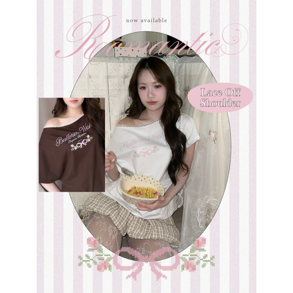 the pumpkins Lace Off-Shoulder เสื้อปาดไหล่คอลูกไม้ cotton100%