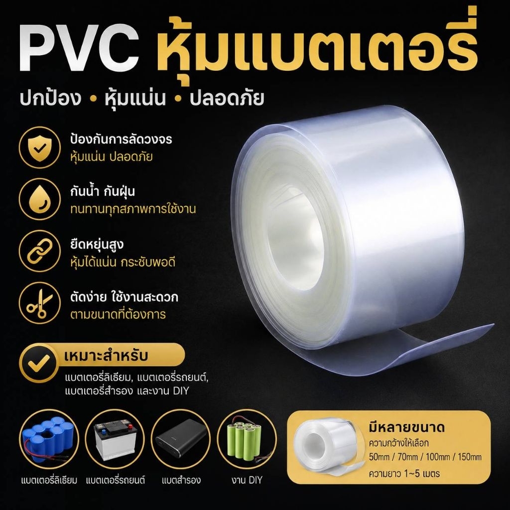 ฟิล์มใสหุ้มแบตเตอรี่ PVC 130-230mmราคาต่อ1เมตร