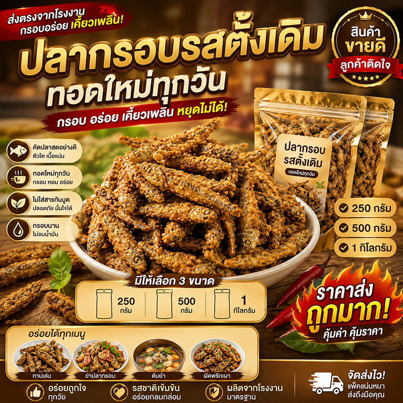 ปลากรอบ ทอดใหม่ทุกวัน กรอบนาน อร่อยเต็มคำ ไม่ใส่สารกันบูด พร้อมส่งทั่วไทย (250g/500g/1kg)