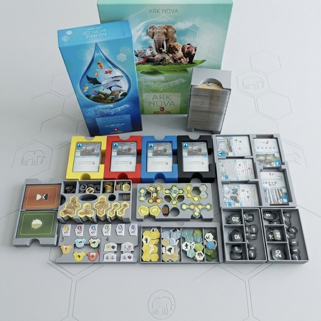 [งาน 3D Print] Ark Nova + Marine Worlds Expansion Insert & Organizer (วัสดุ PETG แข็งแรงพิเศษ) (ไม่รวมตัวเกม)
