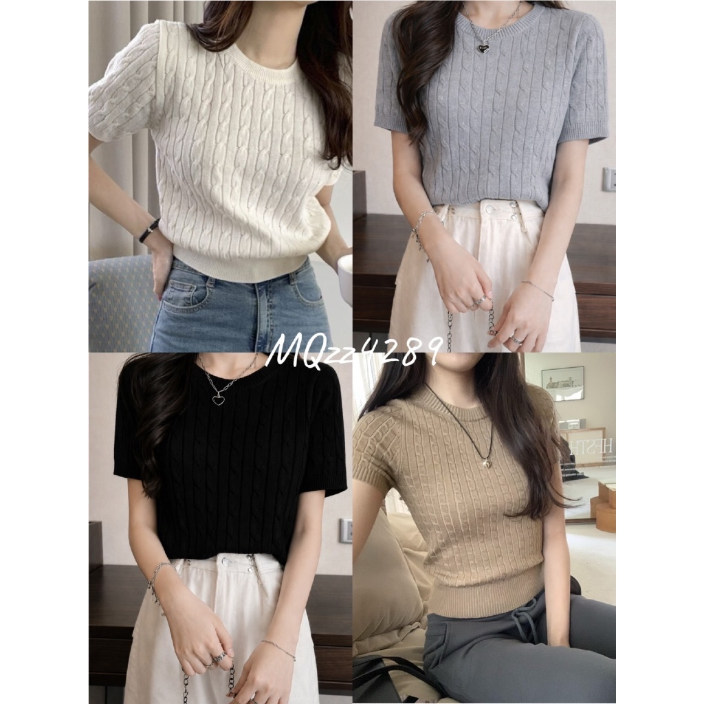 MQzz4289 *พร้อมส่ง* เสื้อไหมพรมแขนสั้น เสื้อยืดผู้หญิง กันหนาว ลายถักยาว ใส่ดูดี เข้ารูปหุ่นดี อก 40 นิ้วใส่ได้ Freesize