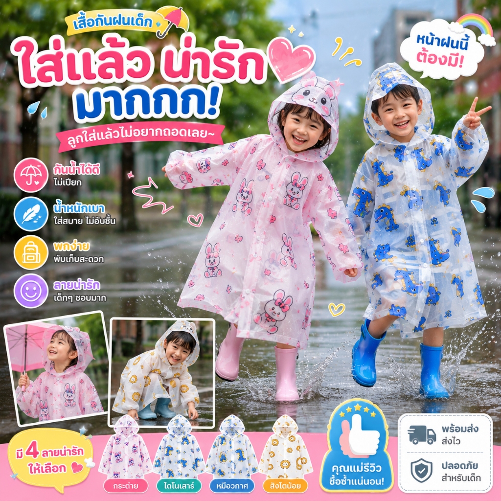เสื้อกันฝนเด็กนักเรียน EVA ปีกหมวกกว้าง ใส่ง่าย สงกรานต์/ฝนตกใช้ได้