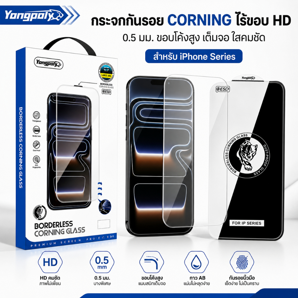 Yongpoly Corning ฟิล์มกระจกใส เต็มจอ ไม่มีขอบดำ | Borderless HD Glass | สำหรับ iPhone 17PROMAX 17PRO 16PRO 15 14 13 12