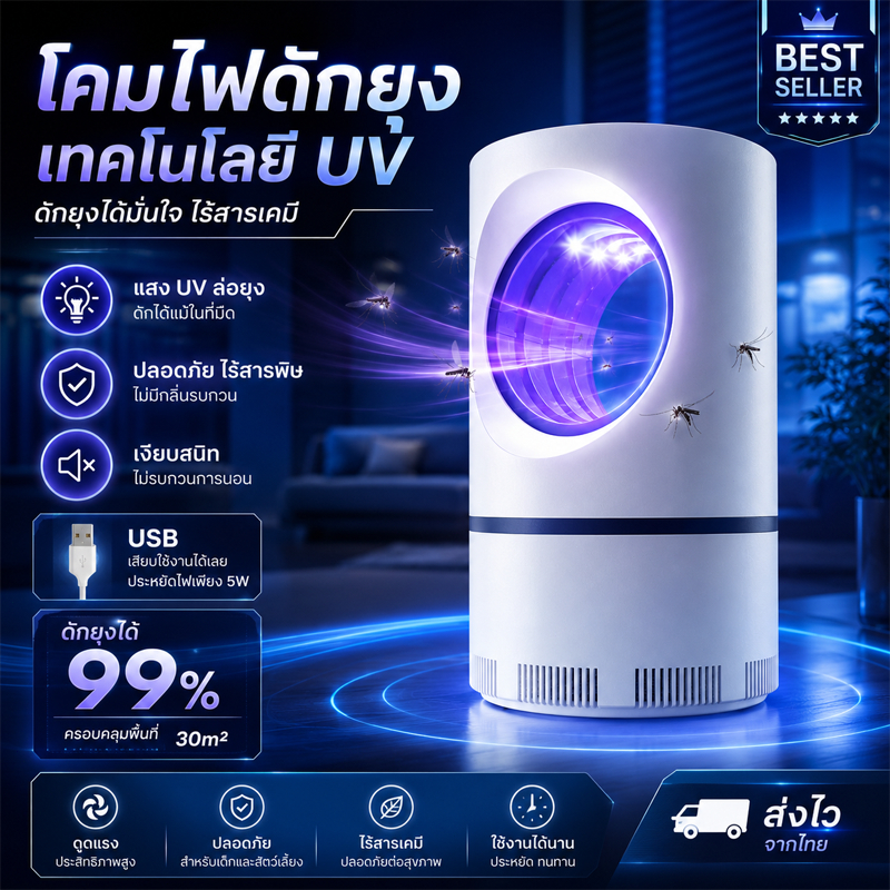 เครื่องดักยุง USB ดูดยุงแรง ไฟ UV กำจัดยุงเงียบ ปลอดภัยสำหรับเด็ก ใช้ได้ทั้งคืน ไม่รบกวนการนอน