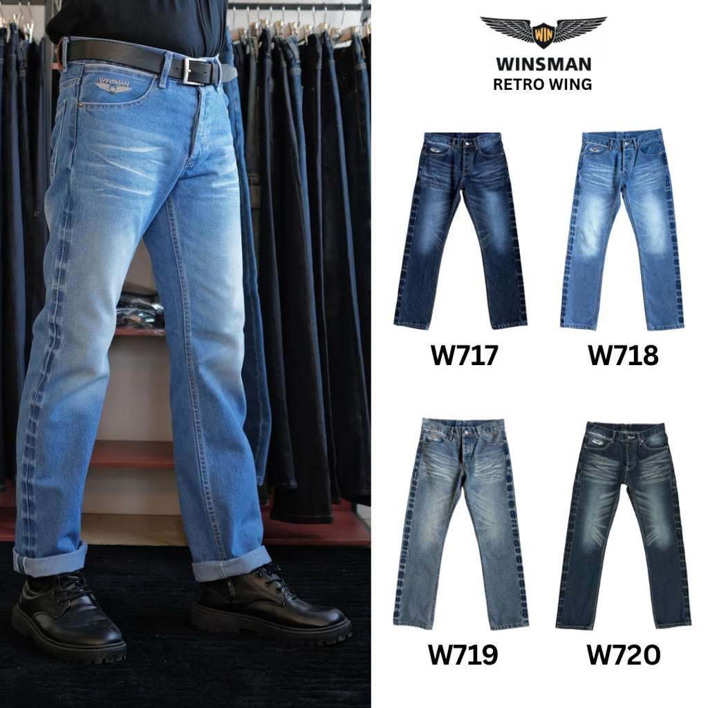 WINSMAN  RETRO WINGกางเกงยีนส์ชายทรงกระบอกเล็กริมแดงผ้าหนา 15ออนซ์ผ้าไม่ยืดเป้ากระดุมฟอกเฟดดีไซน์วินเทจปักโลโก้ปีกนักบิน