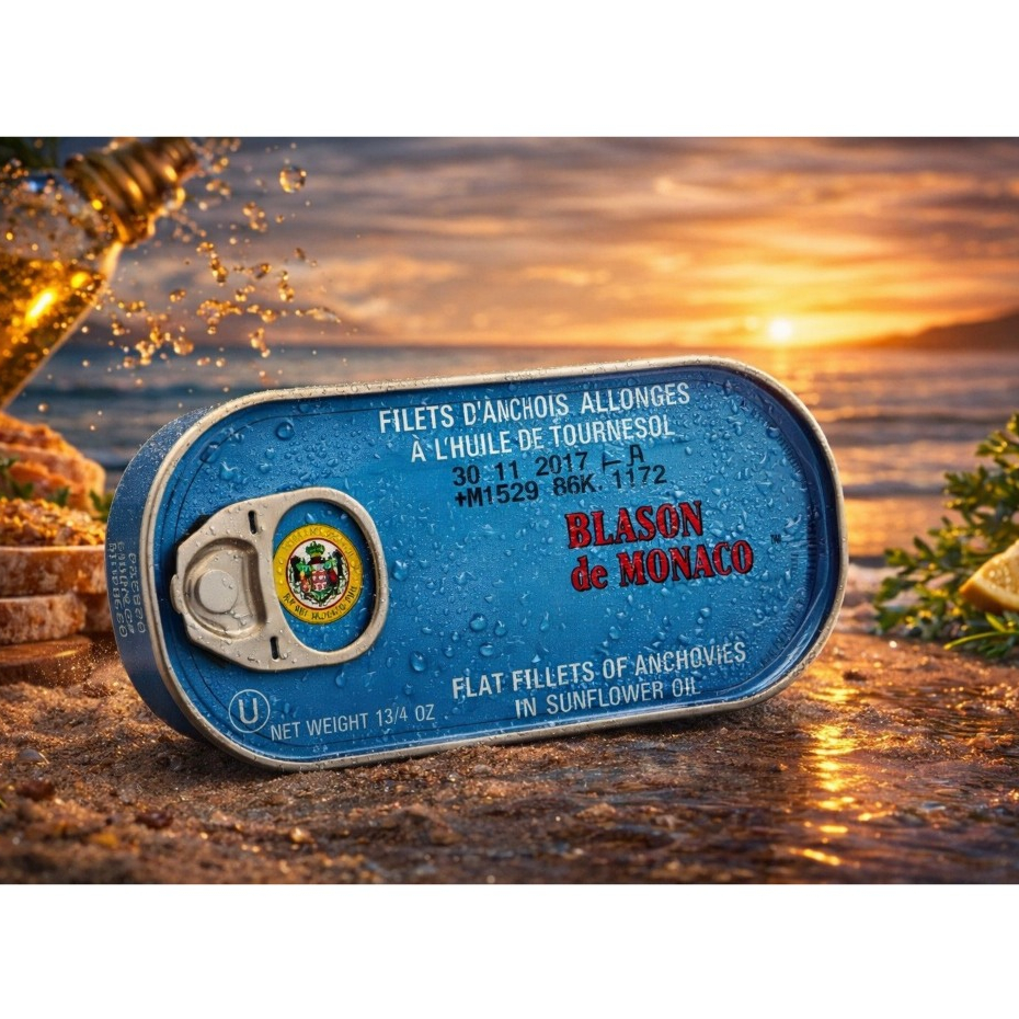 ปลาแองโชวี่ ดองในน้ำมันทานตะวัน ขนาด 50 กรัม Anchovies In Soya Oil 50 g BLASON DE MONACO