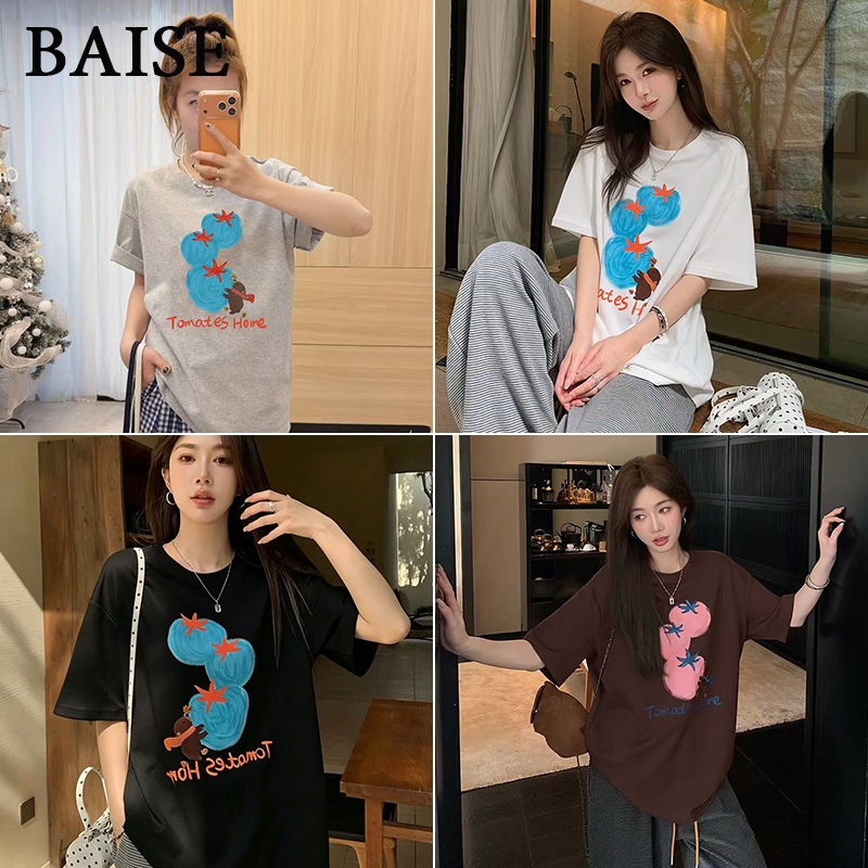 BAISE T-shirt จัดส่งจากไทย💖เสื้อยืดแฟชั่นผู้หญิงขาว oversize แขนสั้นคอกลม ทรงหลวม ลายพิมพ์มะเขือเทศ ผ้านุ่ม ใส่สบายS-3XL