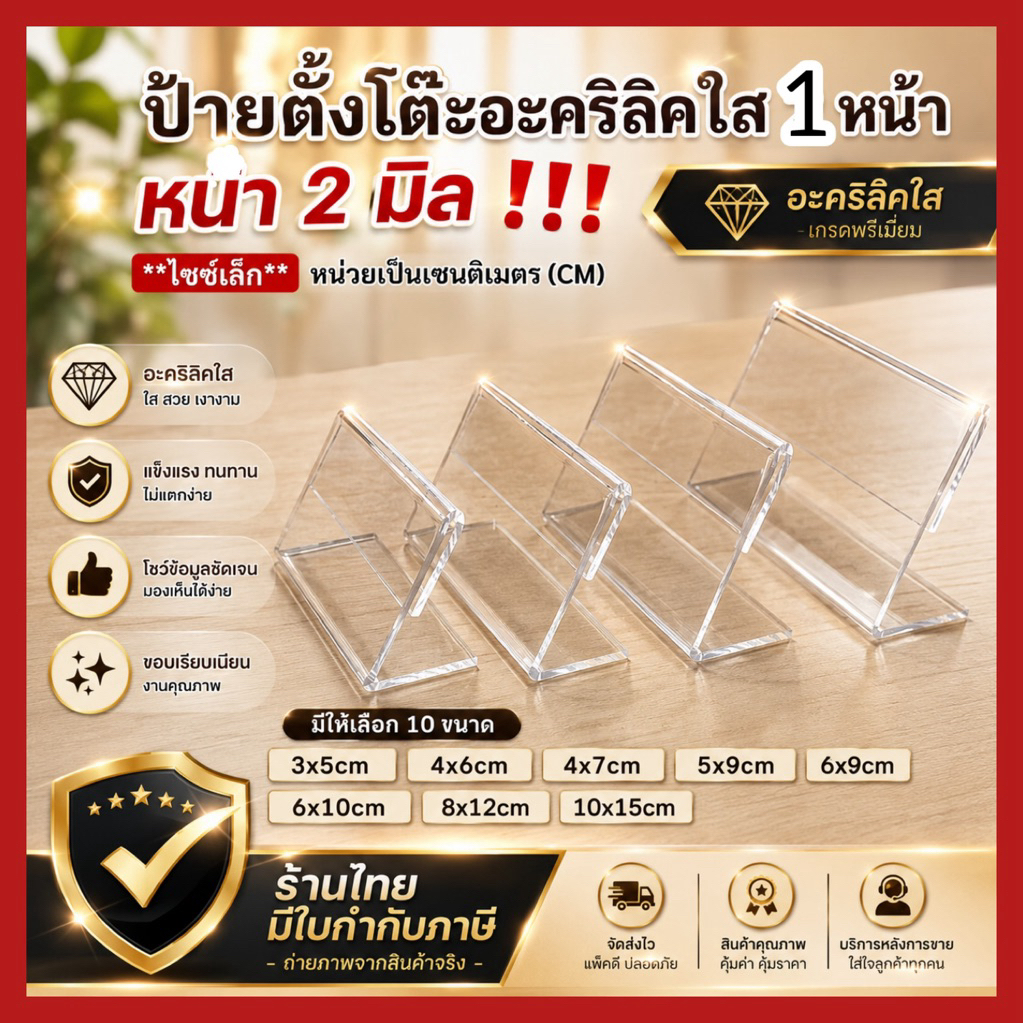ป้ายราคาอะคริลิค1หน้า 3x5/4x6/4x7/6x9/8x12/10x15cm.พร้อมส่ง🌟