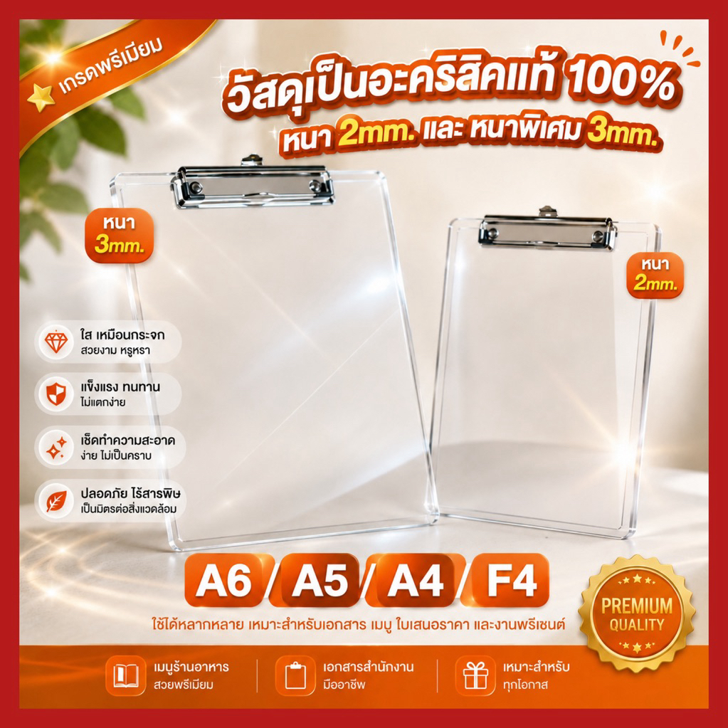 🌟พร้อมส่ง คลิปบอร์ด(อะคริลิคใส)อะคริลิคแท้100%