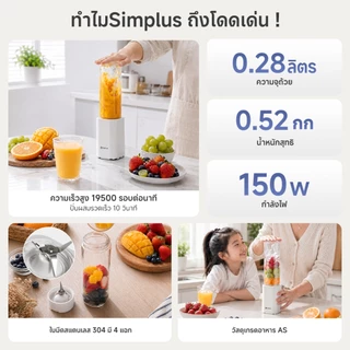 Simplus Portable Blender เครื่องปั่นไฟฟ้า ใช้ในบ้าน ปั่นน้ำผลไม้ ดีไซน์แก้วน้ำ กำลังไฟ 150W LLJH009