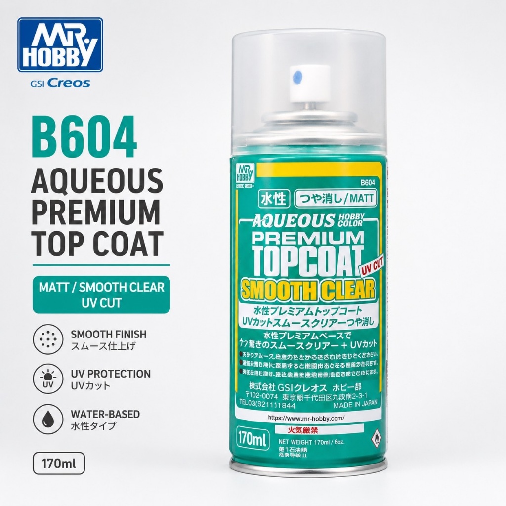 GSI Creos Mr Hobby B604 Aqueous Premium Topcoat UV Cut Smooth Clear Matt เคลือบด้าน กันUV 170ml Water Based Spray Gundam