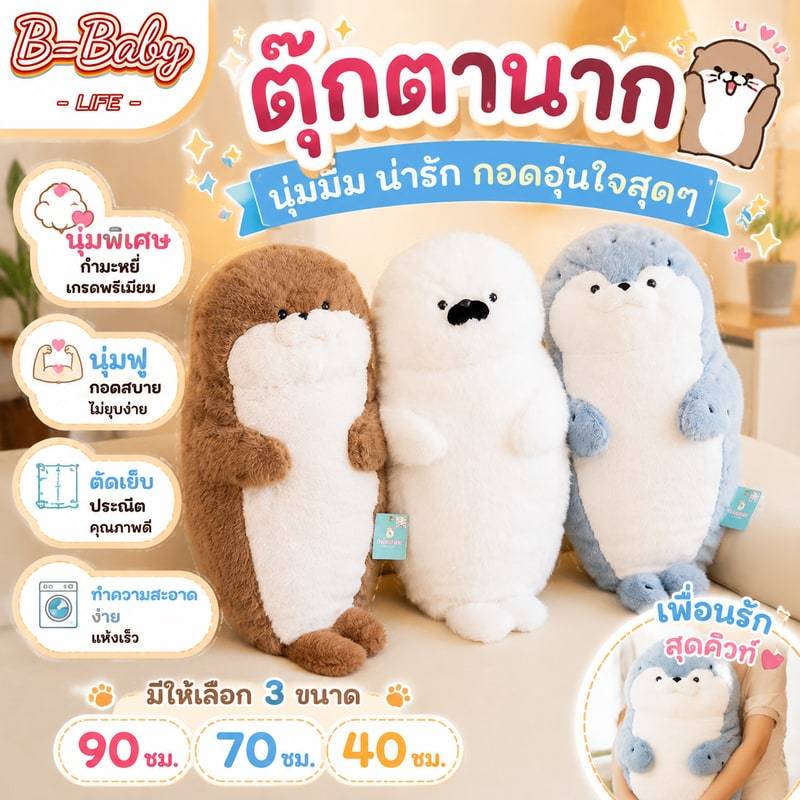80/60/35cm ตุ๊กตานาก นุ่มและน่ารัก ตุ๊กตานากนุ่มพิเศษ ขนาดใหญ่ ตุ๊กตาน่ารัก ตุ๊กตาแมวน้ำ
