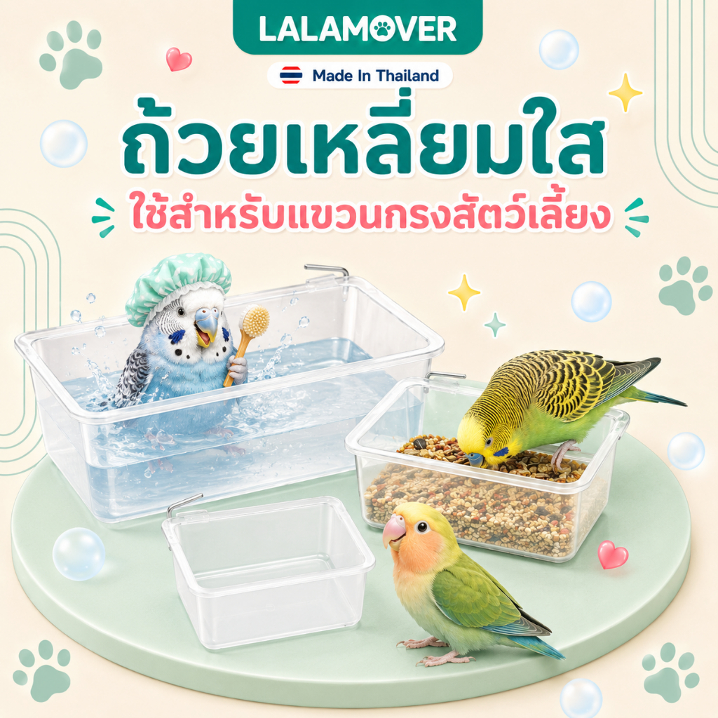 lalamover ถ้วยเหลี่ยมอาหารสำหรับนก 3ไซส์