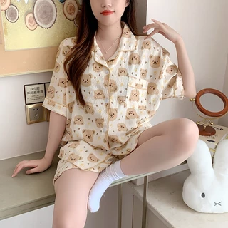 🍒ชุดนอนผู้หญิง บิ๊กไซส์ ผ้าซาตินญี่ปุ่น สไตล์เกาหลี ลายเมฆ แขนสั้นขาสั้น ผ้านุ่มลื่น ใส่สบาย ส่งด่วน