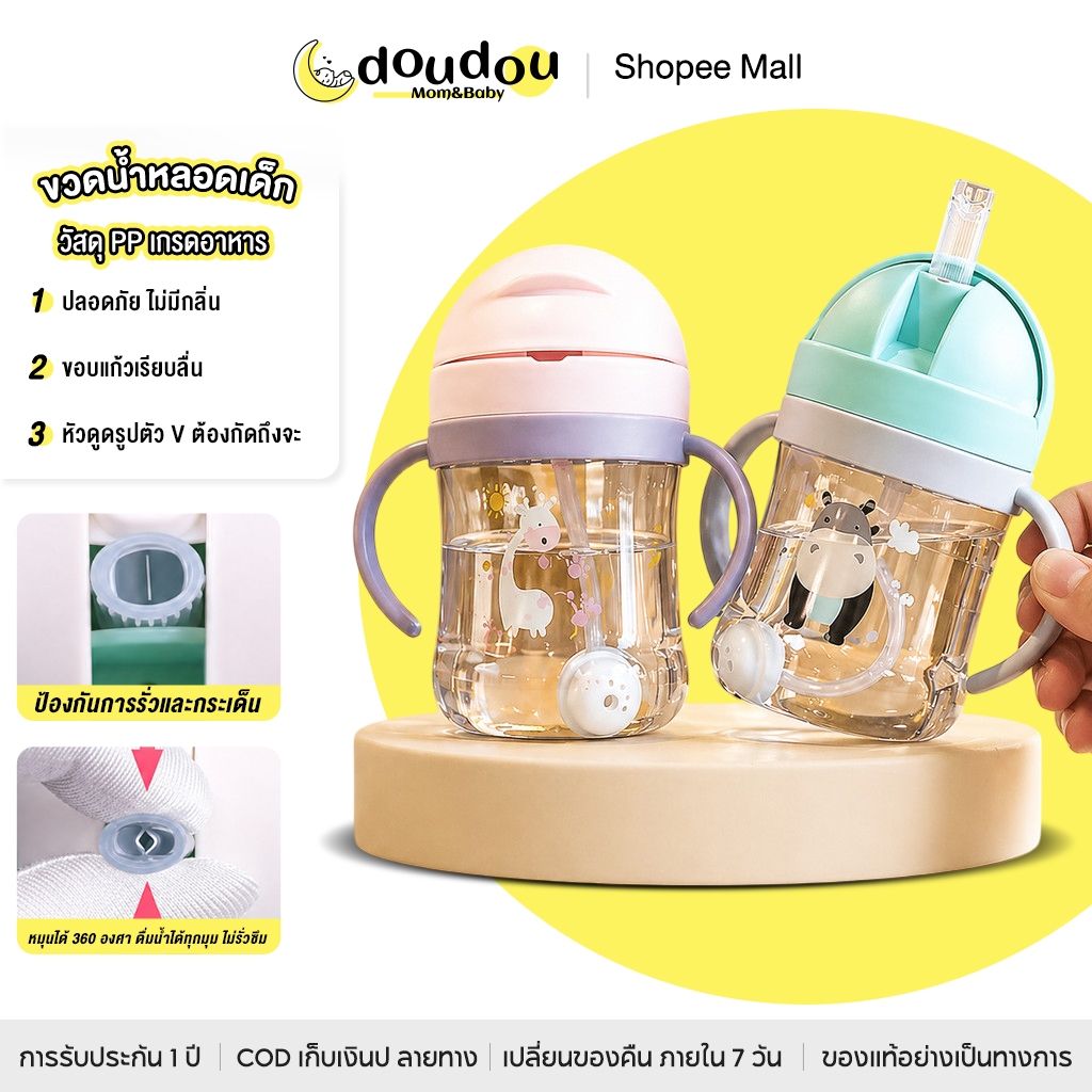 doudou แก้วหัดดื่ม ขวดน้ำเด็ก หัดดูดน้ำ ไม่ดูดไม่ไหล กันสำลัก คว่ำไม่หก ขนาด 250ml/350ml มีมือจับ