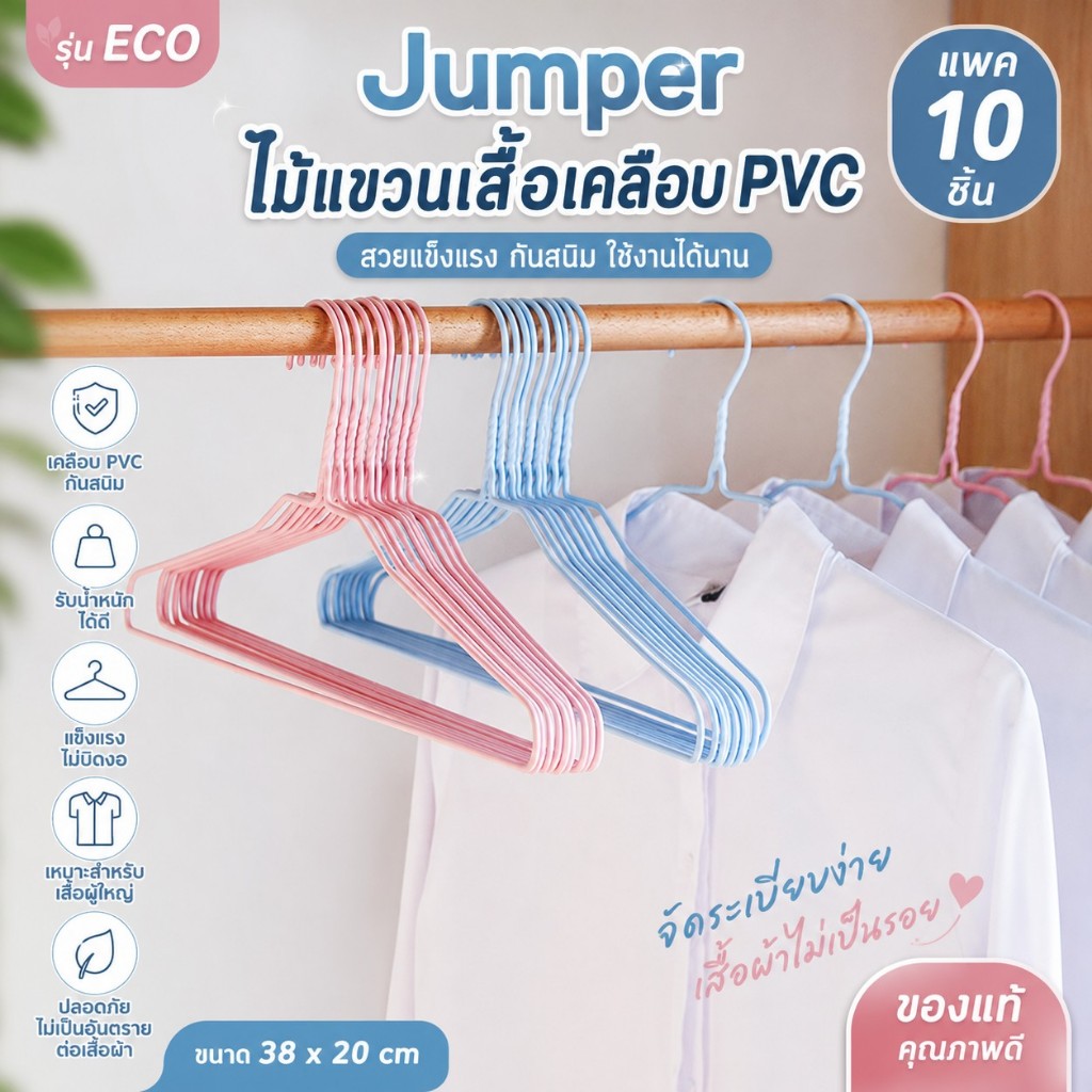Jumper ไม้แขวนเสื้อเหล็ก 10 อัน รุ่น ECO เคลือบ PVC กันสนิม ของแท้รับประกันคุณภาพ ขนาด 38 x 20 cm