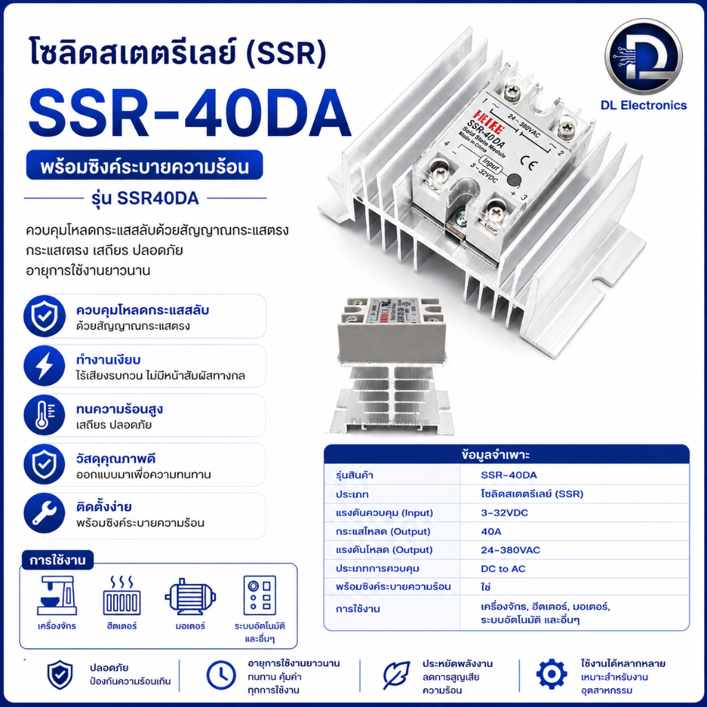 SSR-40DA โซลิดสเตทรีเลย์ DC-AC 40A 3-32VDC 24-380VAC พร้อมแผ่นระบายความร้อน+ฝาครอบ