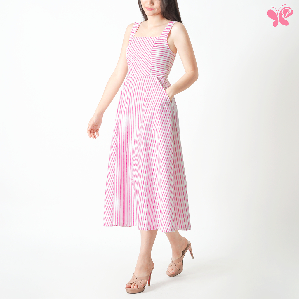 เดรสผู้หญิง [Papillon] Women Firework Dress ทรง Midi ลายทาง สม็อคด้านหลัง ผ้า Slub Cotton คอตตอน 100% (Blooming Season)