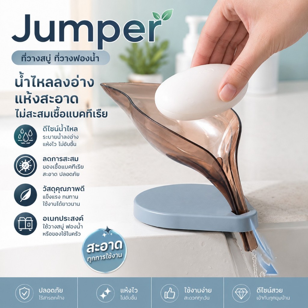 Jumper Kids ที่วางสบู่ ที่วางฟองน้ำ ที่วางของอ่างล้างจาน ถาดวางสบู่ ถาดวางฟองน้ำ ชั้นวางสบู่ น้ำไหลลงอ่างแห้งสะอาด