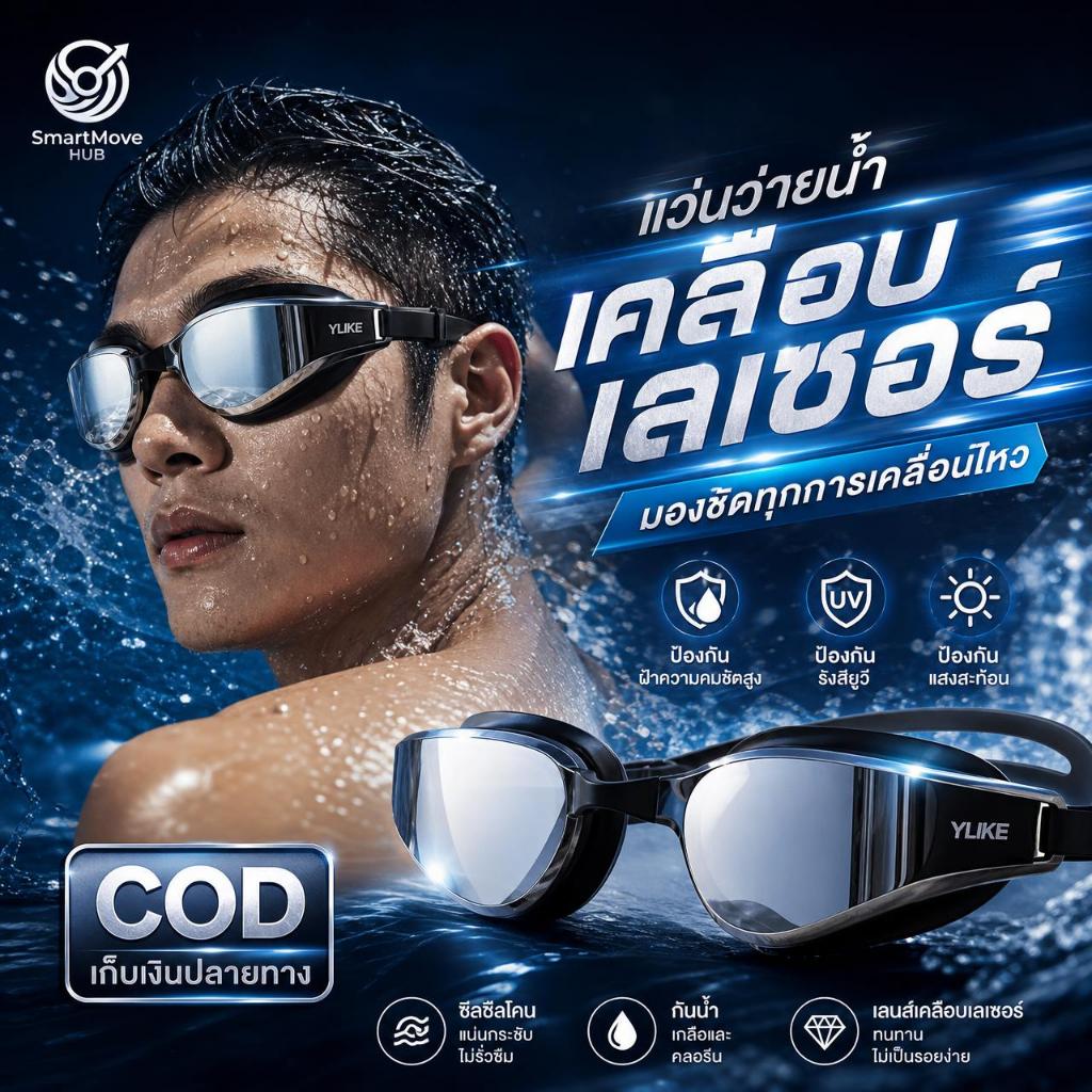แว่นตาว่ายน้ำผู้ใหญ่ เลนส์มิเรอร์กัน UV กันหมอก กันน้ำ 100% ดีไซน์มุมกว้าง ซิลิโคนนุ่มใส่สบาย รุ่นใหม่ยอดนิยม