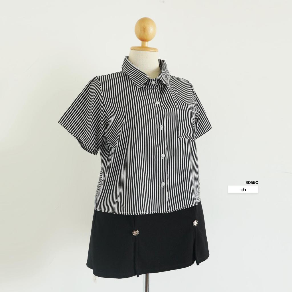 ANNNEW เสื้อเชิ้ตคอปกเเขนสั้นลายริ้ว 3056C